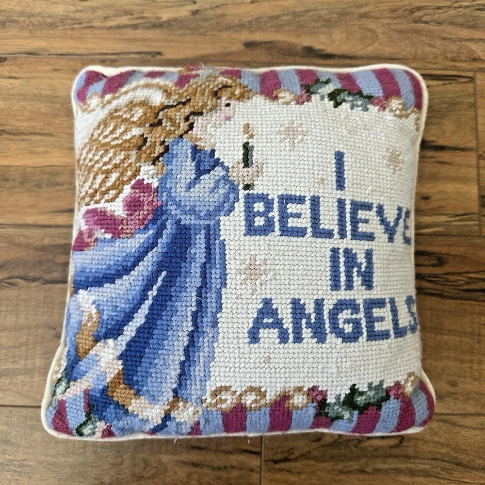 Vintage Needlepoint Angel Pillow I Believe in Angels 9x9 Decorative Cushion